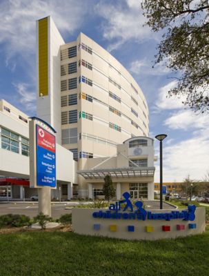 hospital building with colored windows