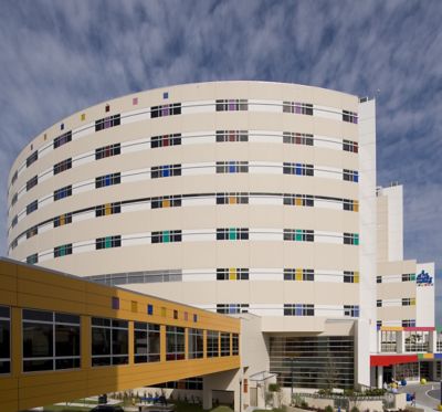 hospital building with colored windows