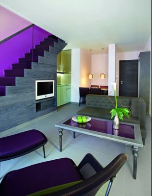 interior design with purple glass staircase 