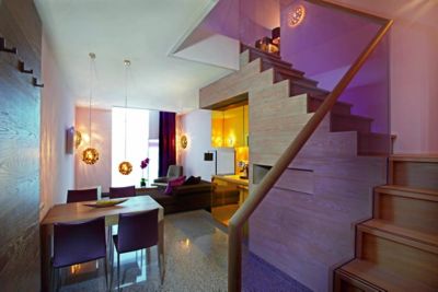 interior design with purple glass staircase 