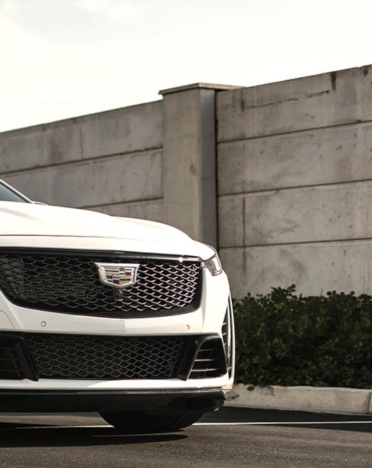 A white sports sedan parked on a wide roadway next to a long concrete barrier, with trees and a cloudy sky in the background. 