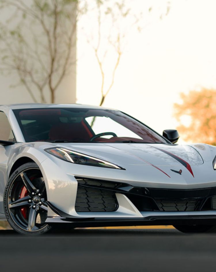 A silver sports car parked along a landscaped curb, shown from a front three‑quarter angle with plants and a light-colored building behind it. 
