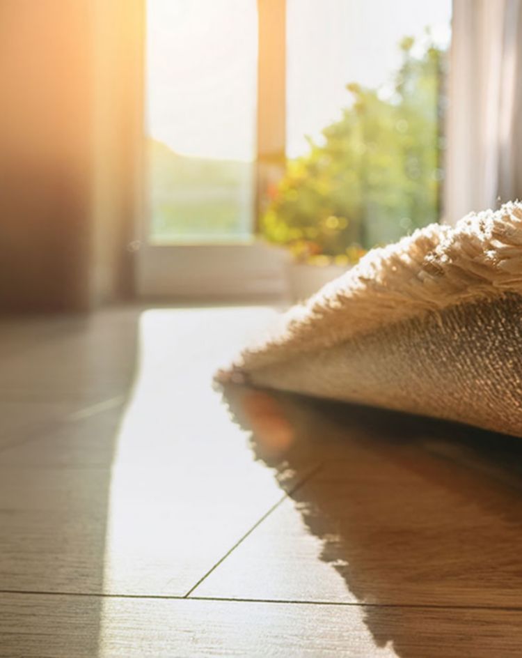 A hand lifting the edge of a textured rug to reveal sunlight shining across a hardwood floor near a large window. 