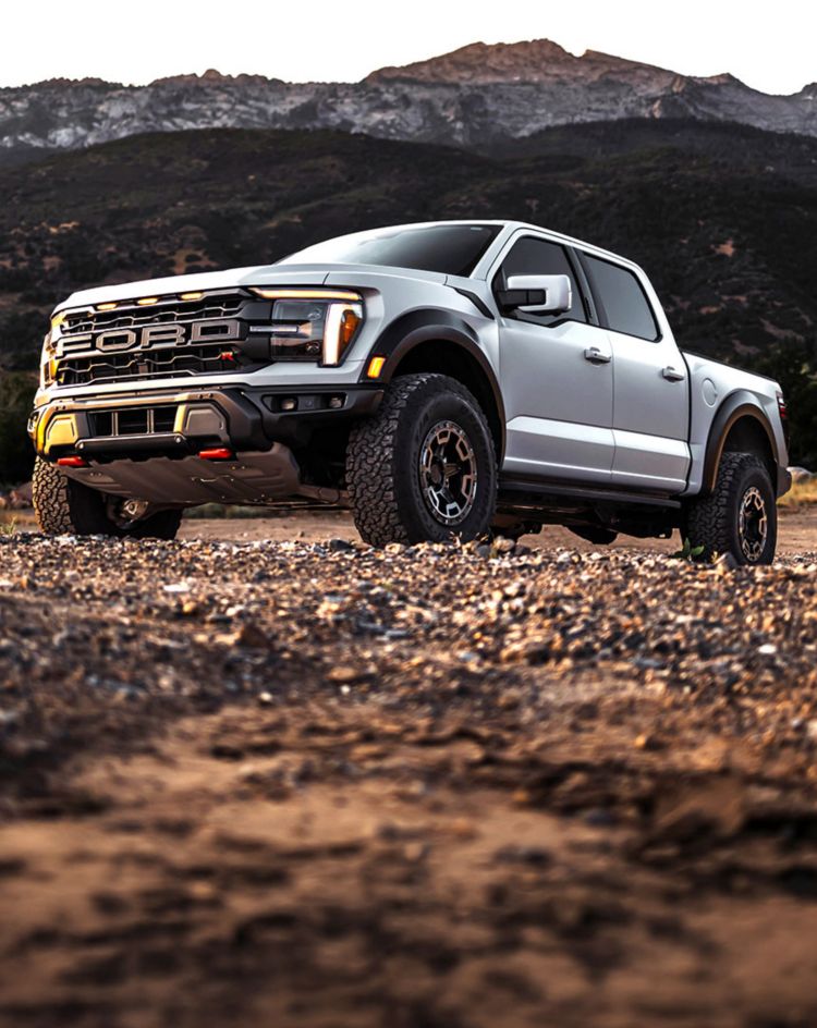 Silver off‑road pickup truck parked on rocky terrain with mountains in the background, showcasing rugged performance and durable exterior features. 