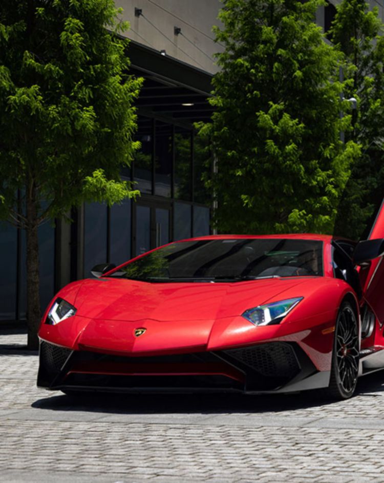 Red exotic sports car with scissor door open parked on a modern city street lined with trees. 