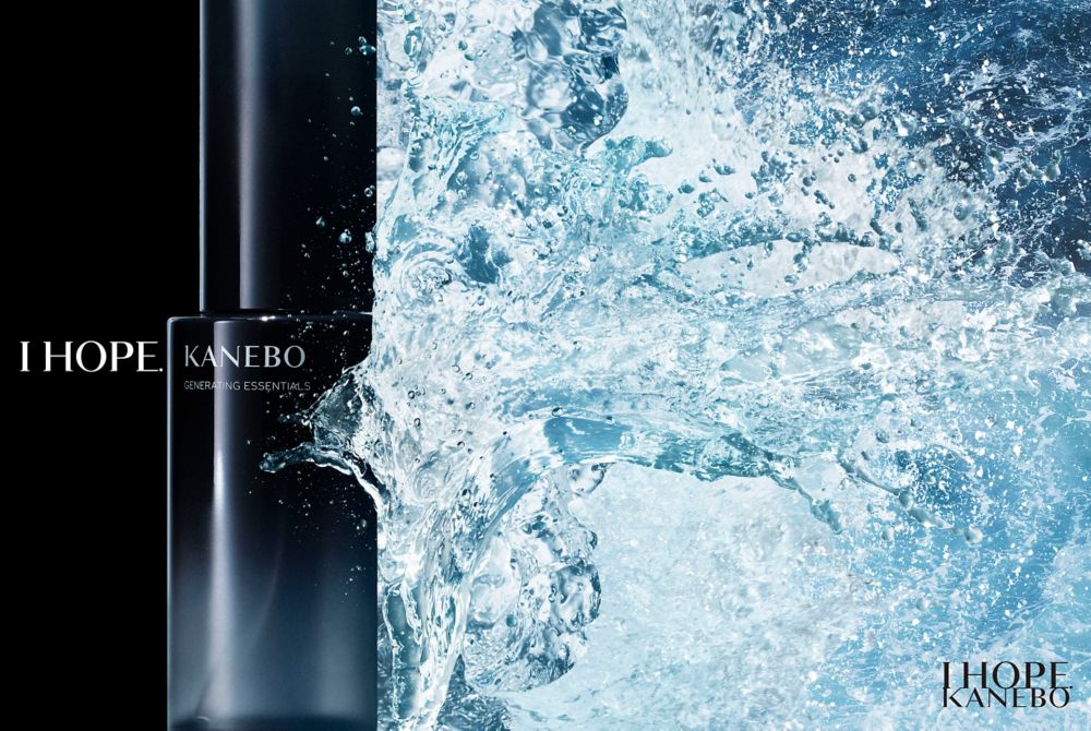 The KANEBO lotion bottle, featuring an overcap made with Cristal One IM812, alongside the words “I hope” and a splash of water.  