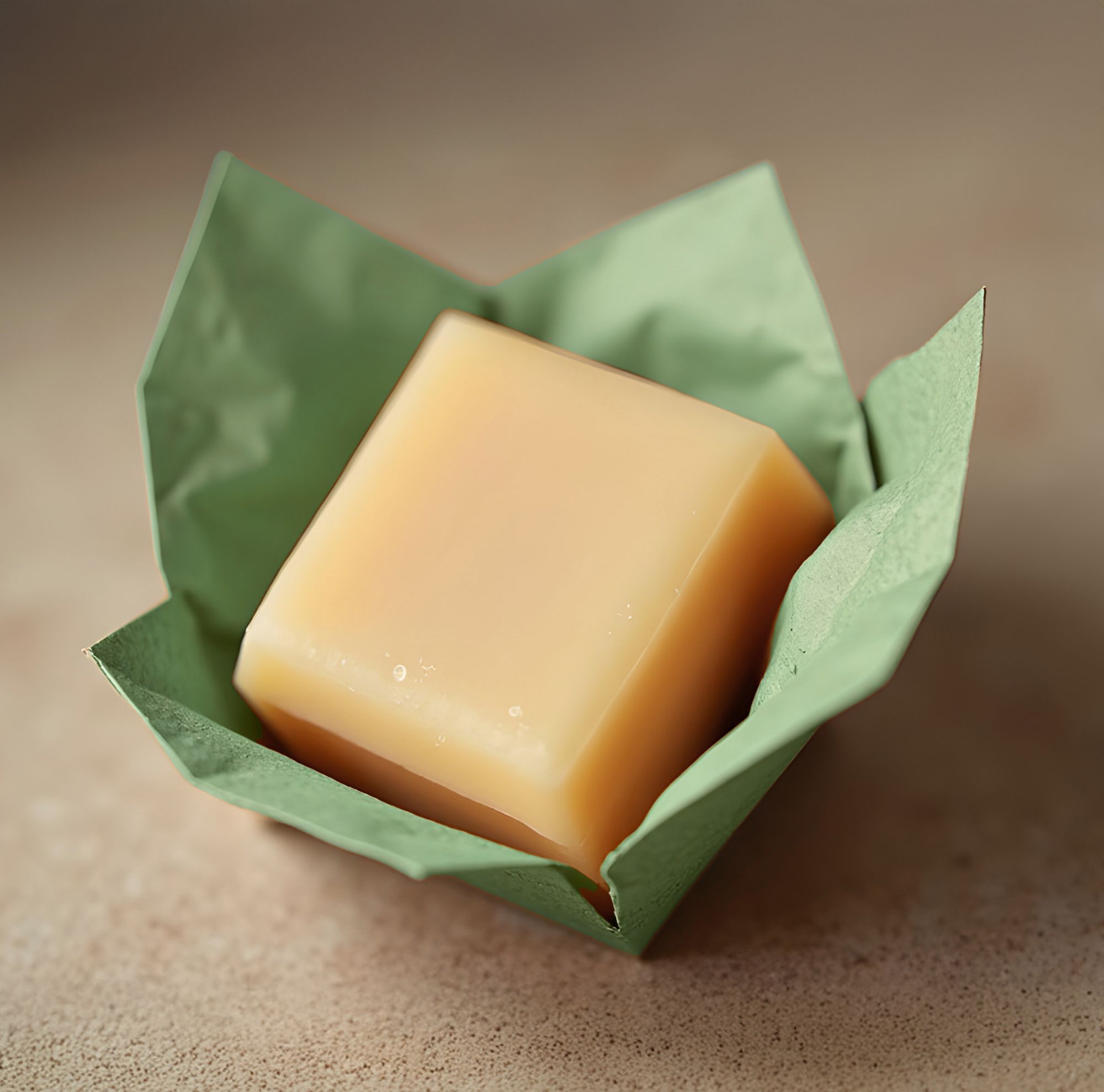 A bar of soap wrapped in paper packaging. 