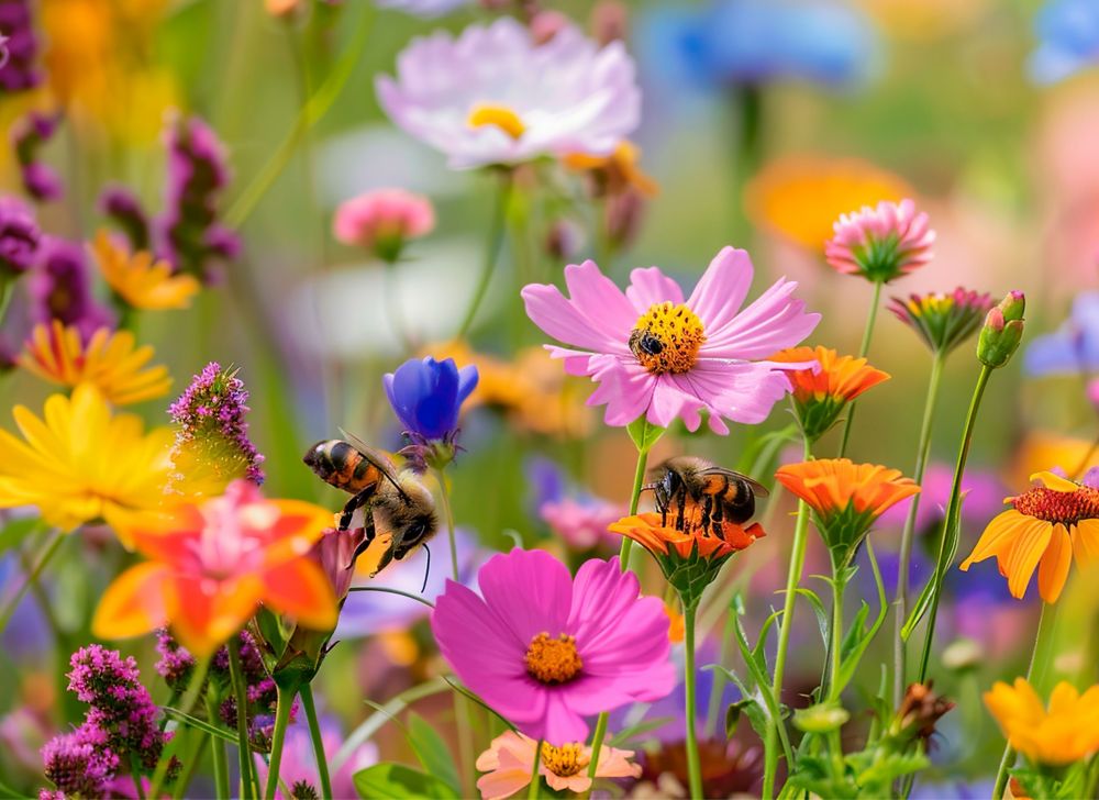 A bee pollinating colorful wildflowers in a meadow 