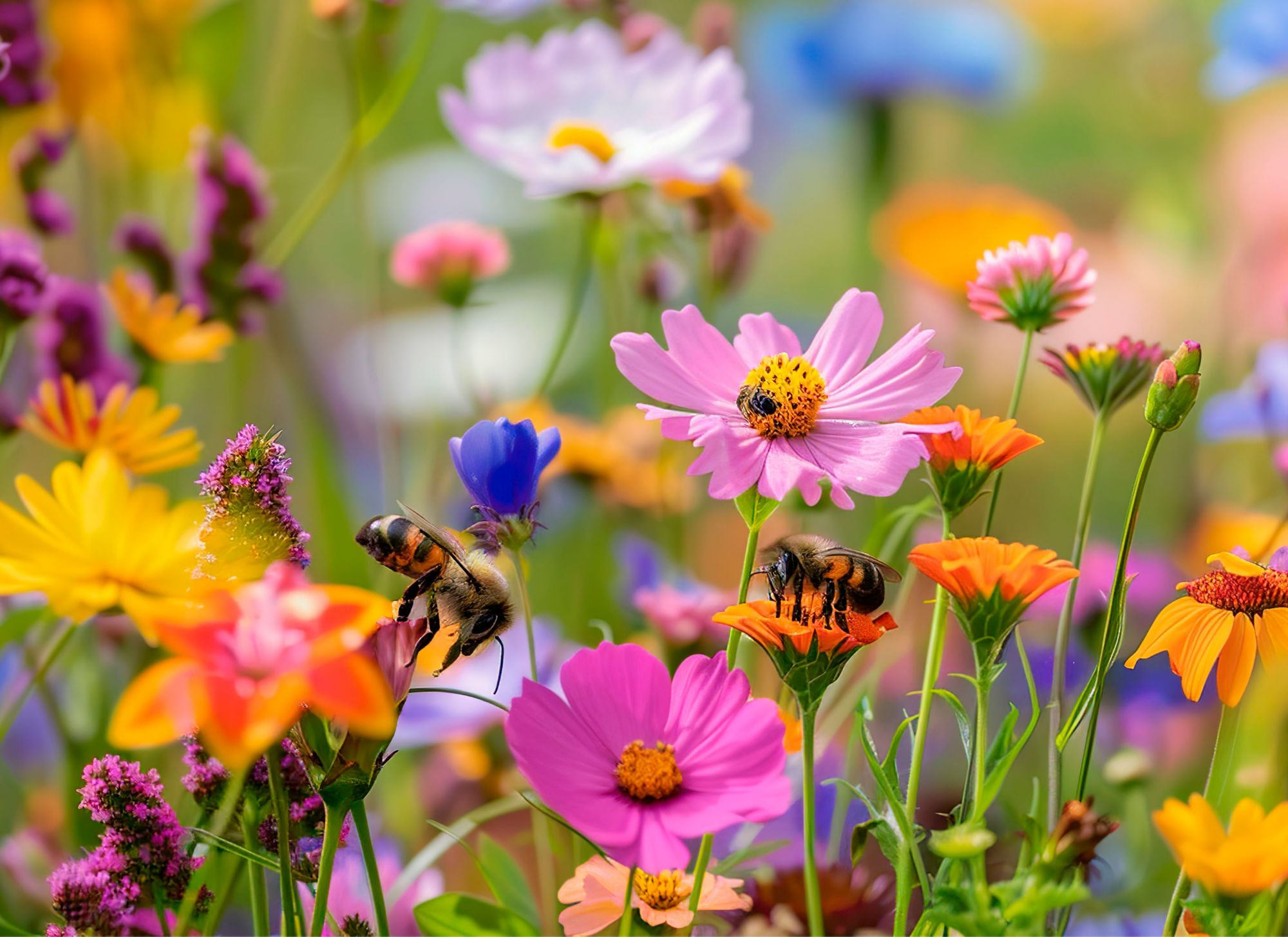 A bee pollinating colorful wildflowers in a meadow 