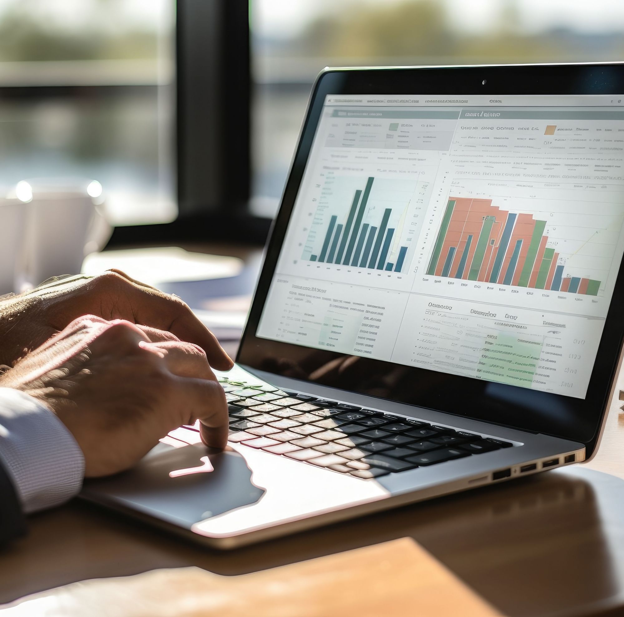 A person reviews charts on a laptop. 