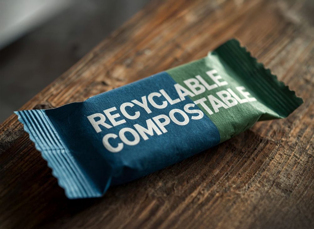 A snack bar wrapped in flexible packaging that says "recyclable, compostable." 