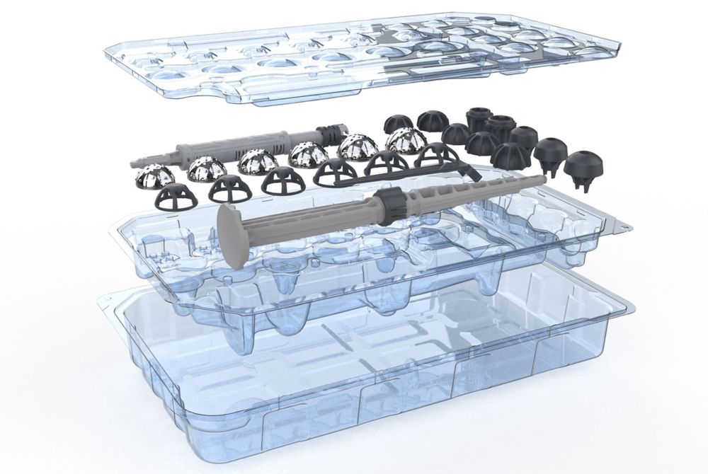 Three layers of custom plastic packaging for the CILLAR Acetabular kits for total hip replacements.  