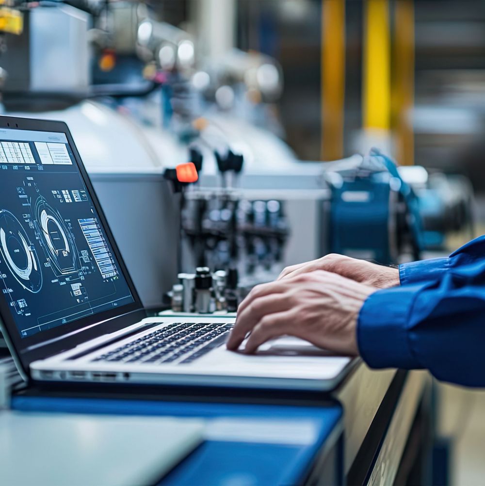 An analyst reviews heat transfer system operations on a laptop.  