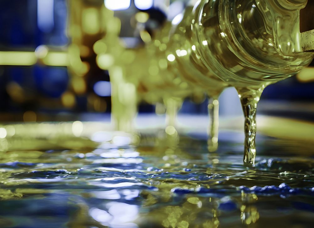 Close-up of a specialty additive being processed pooling onto a reflective surface. 