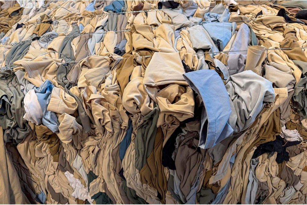 Apparel waste is bundled for pre-processing. 