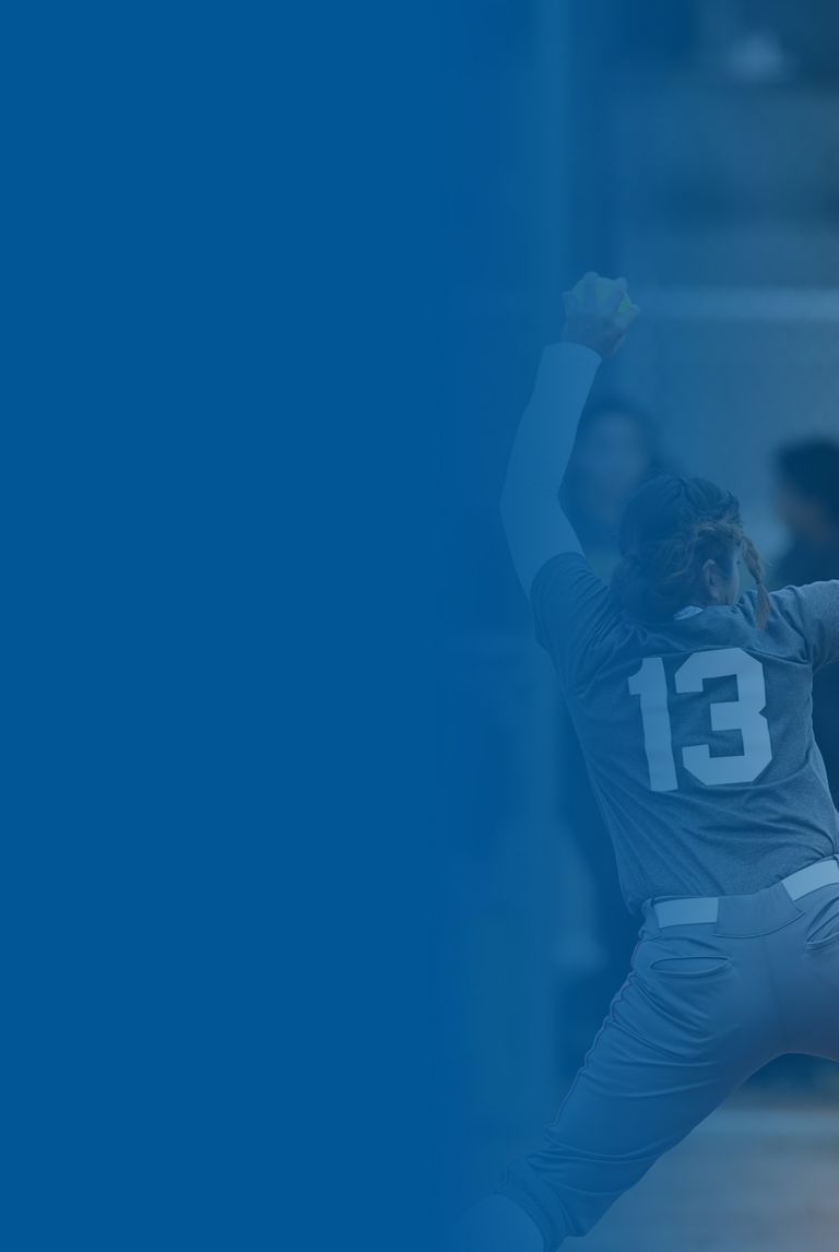 Blue banner fade over a picture of  a softball pitcher throwing a strike. 