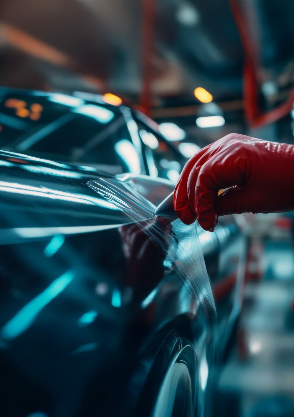 A gloved hand peeling off plastic off a car.  