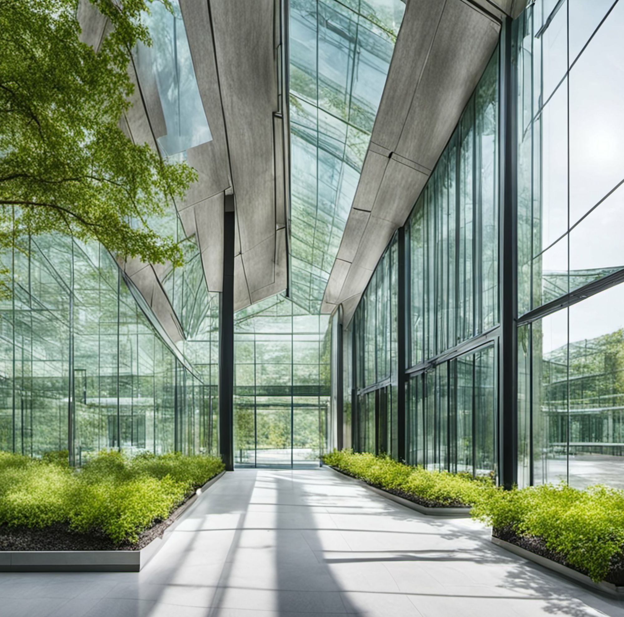Glass structure with trees inside 