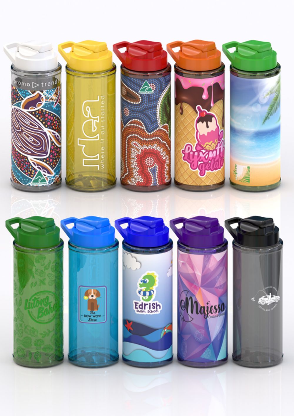 Two rows of reusable water bottles are seen with various graphics on them. 
