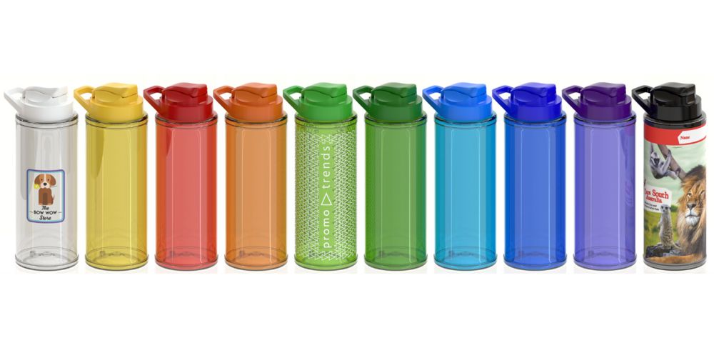 A row of reusable water bottles is shown, with their colors arranged in the order of a rainbow. 