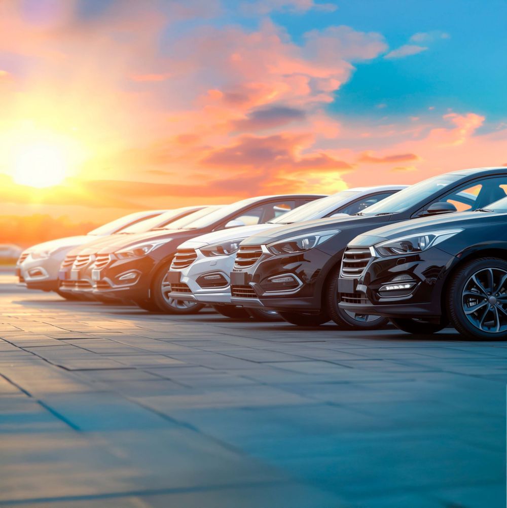 Two rows of new, clean cars are parked. 