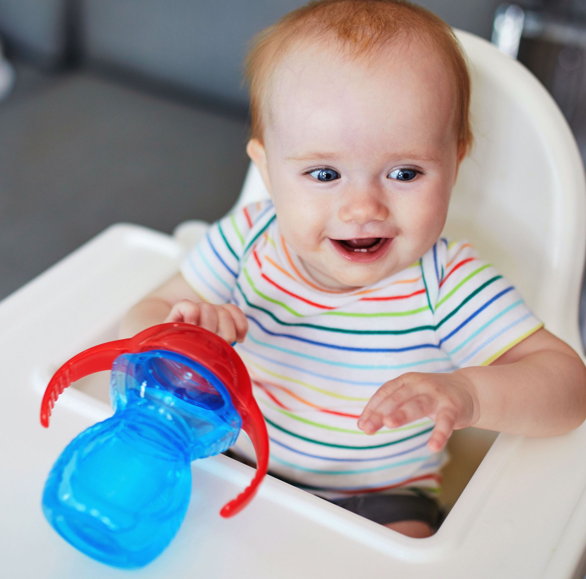 A baby sitting in a high chair and holding a blue and red sippy cup by the spout. 