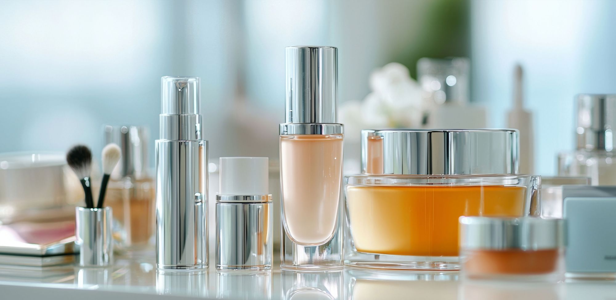 Various cosmetic products on a countertop, including brushes, serums and makeup.  