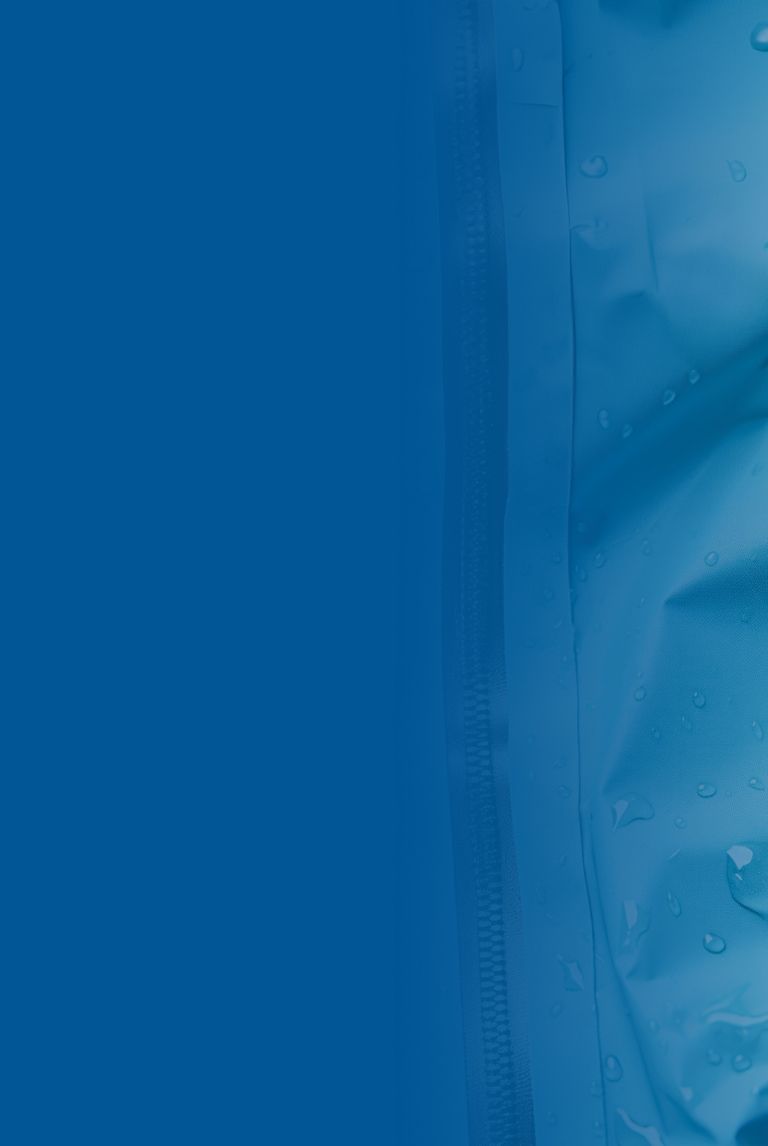 Blue banner fade over a picture of water beads on a rain jacket. 