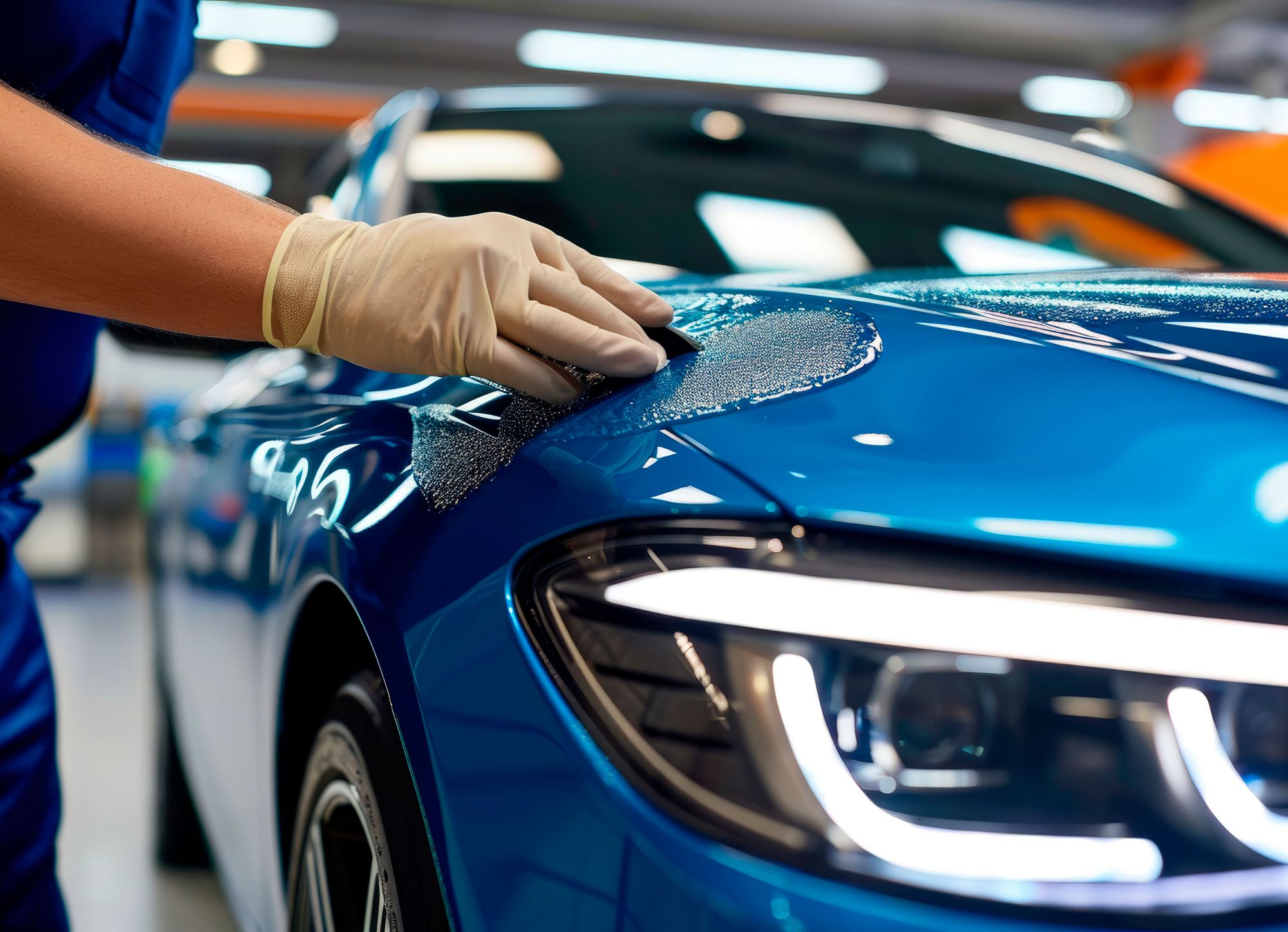 A car technician applies a coating to the exterior of a blue car. 