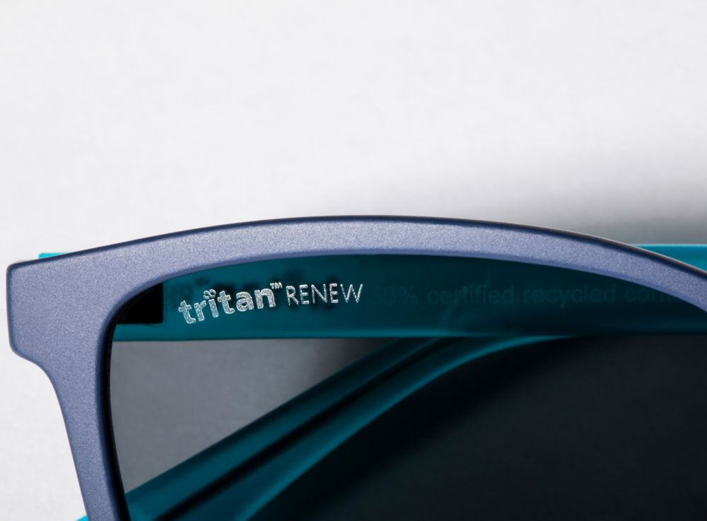 Blue sunglasses made with Tritan folded. 
