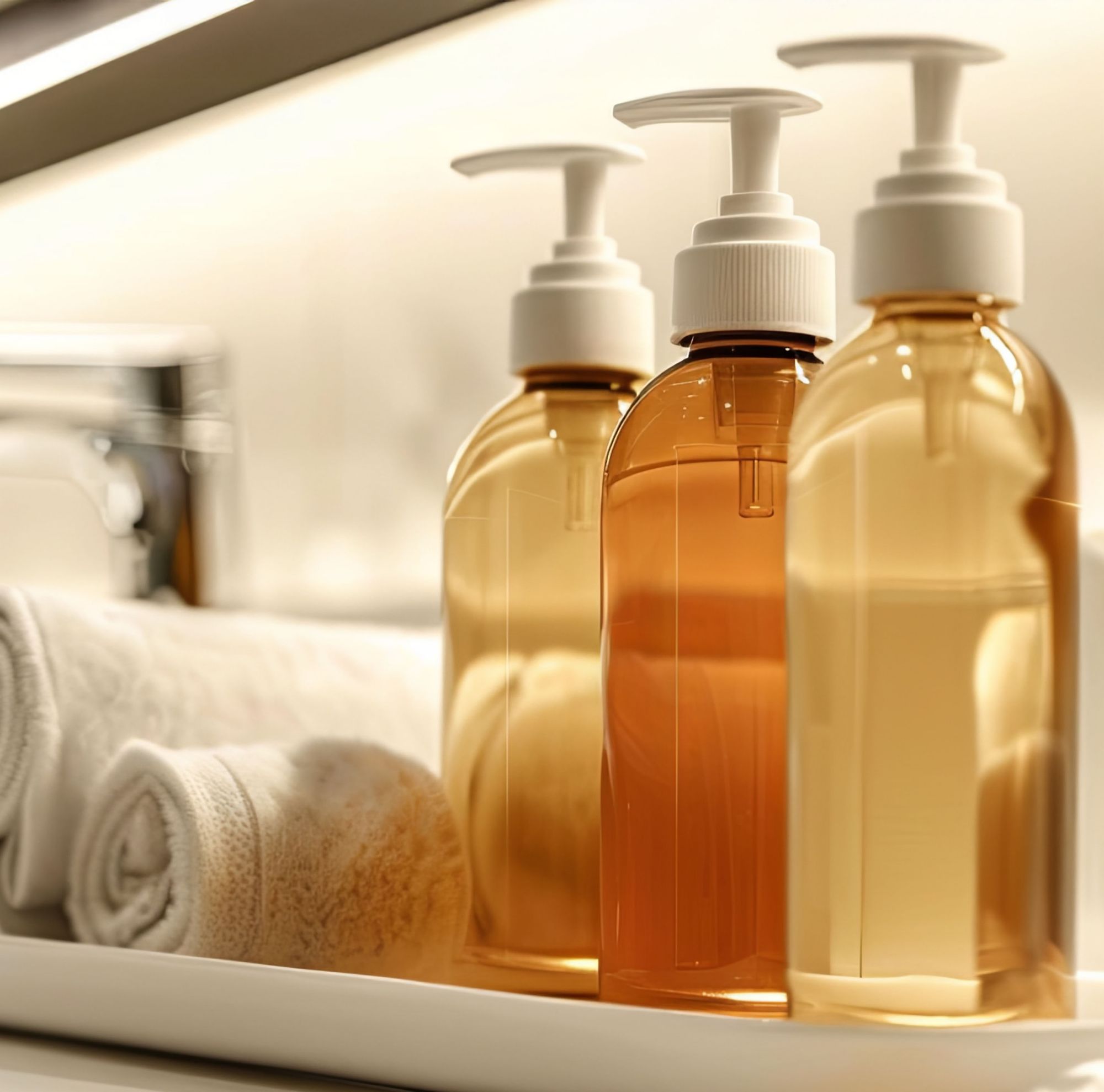 Three bottles of clear cleansers on the bathroom counter. 