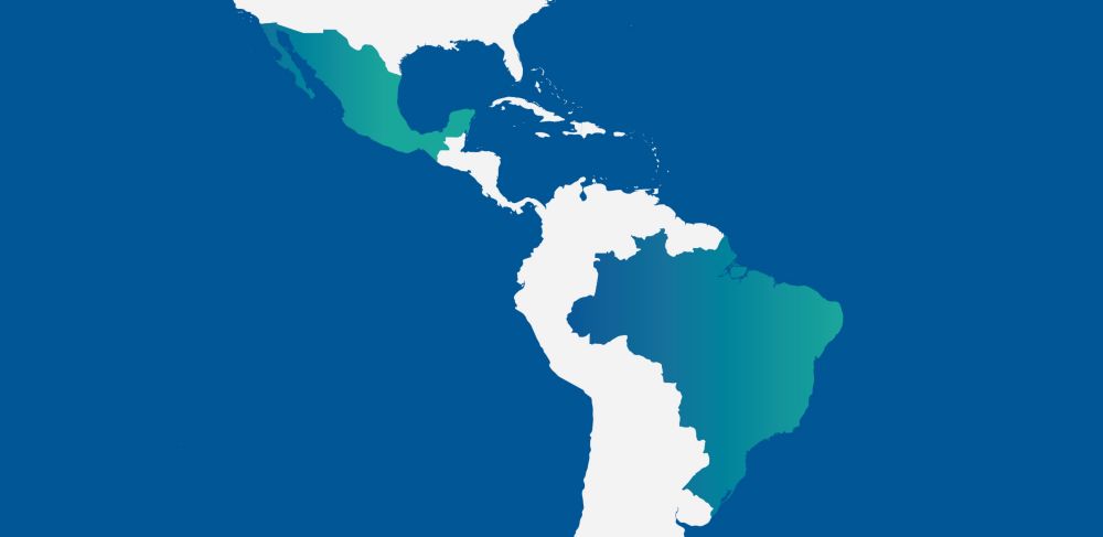 Brazil and Mexico are highlighted on a map of Central and South America  