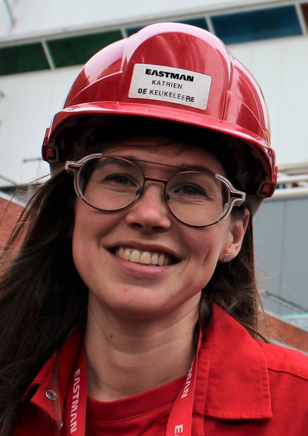 Headshot of Katrien in a hard hat. 