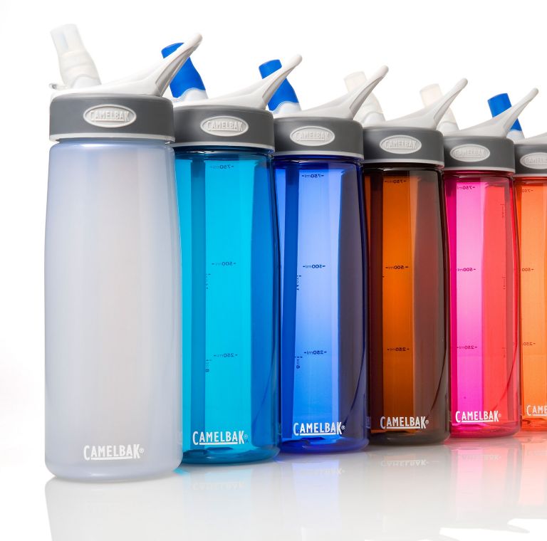 Six Camelbak plastic water bottles in various colors. 