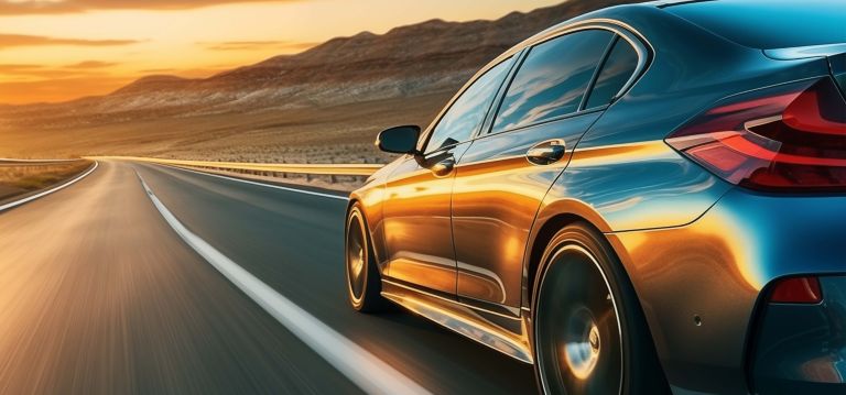 A gray car driving on a mountain road at sunset. 