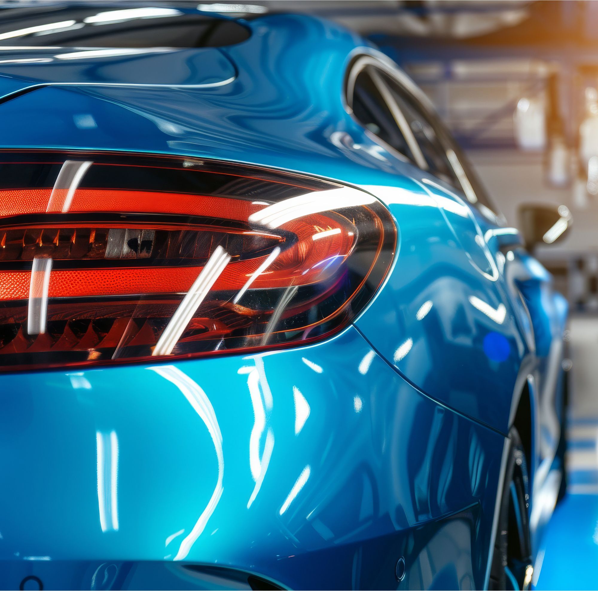 A blue vehicle coated with Eastman cellulose acetate butyrate in an automotive shop. 