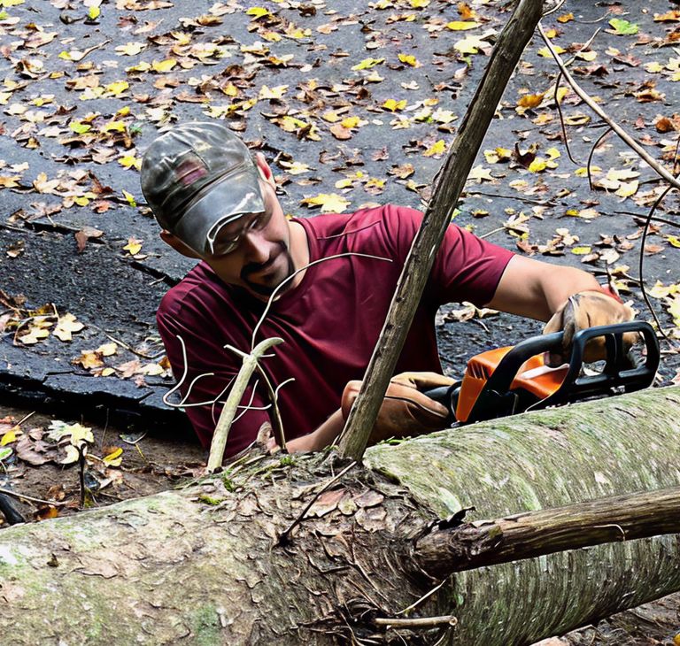 John Frady uses a chainsaw on a downed tree. 