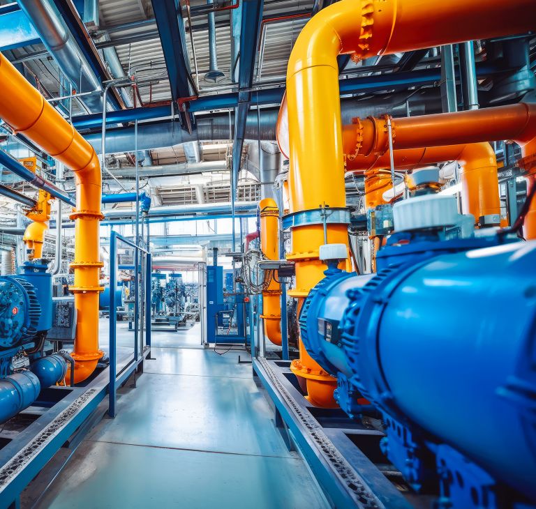 A blue tank with pipes running from it in a chemical processing plant 