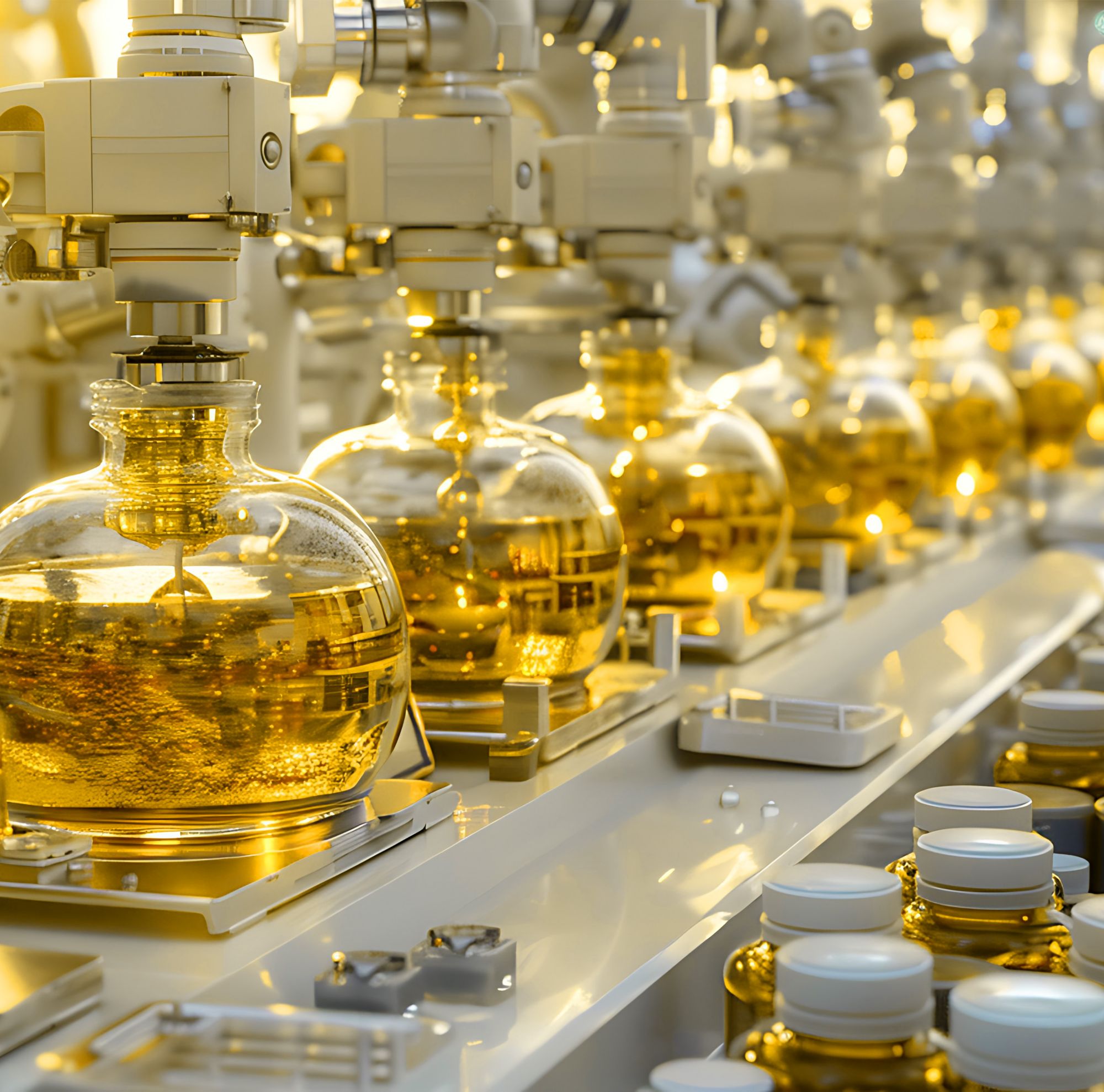 A production line filling glass containers with thermal fluid. 