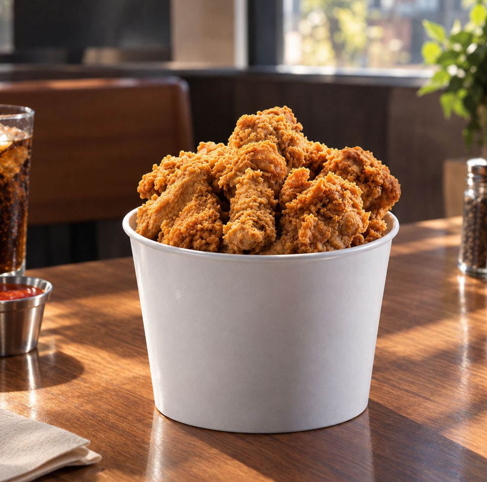 Fried chicken in a white paper bucket.  