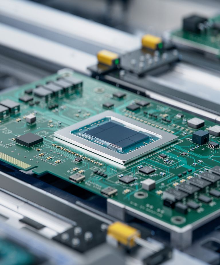 A closeup of a circuit board with a microchip inserted 