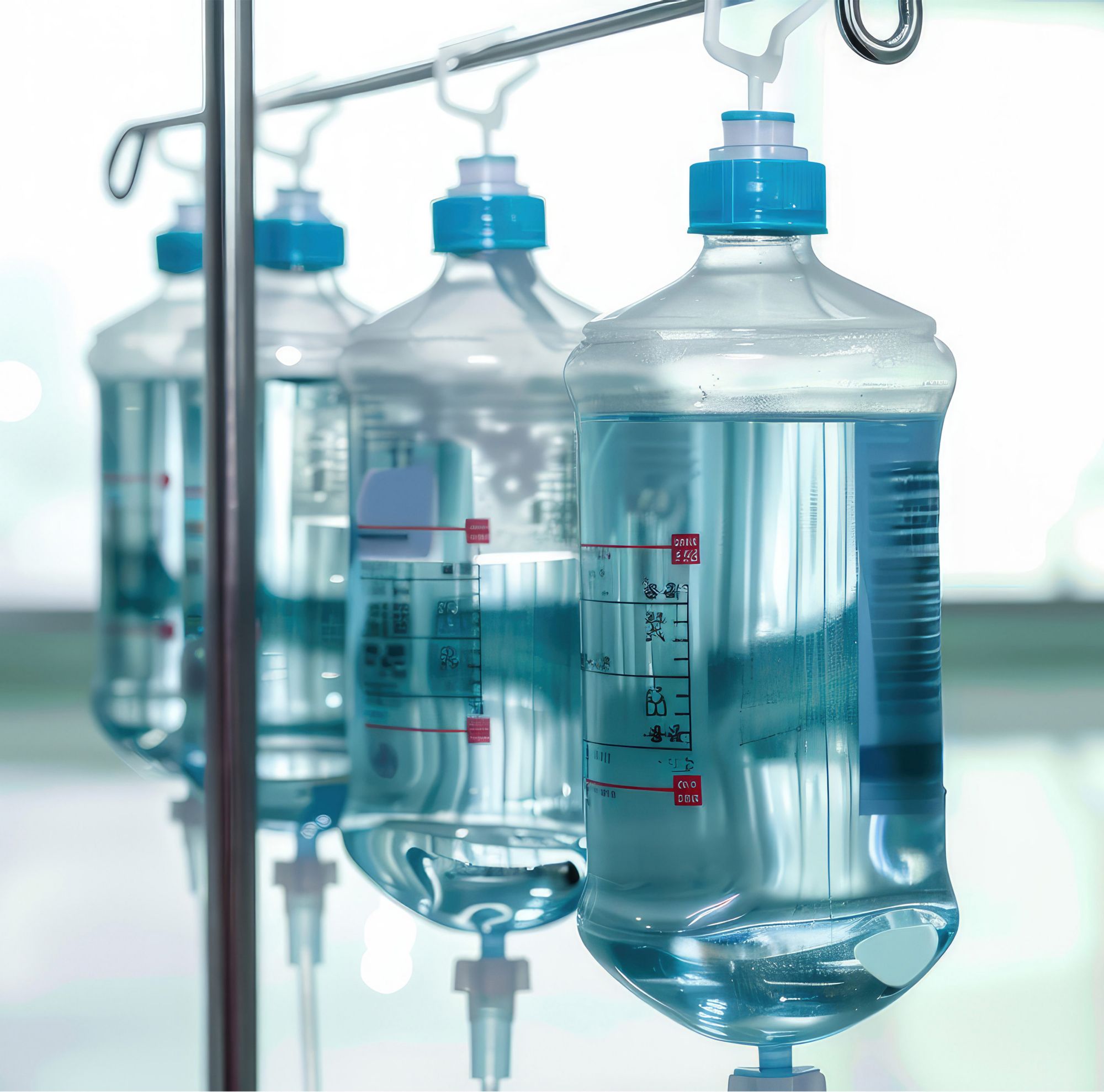 Four full intravenous bottles hanging on a medical rod. 