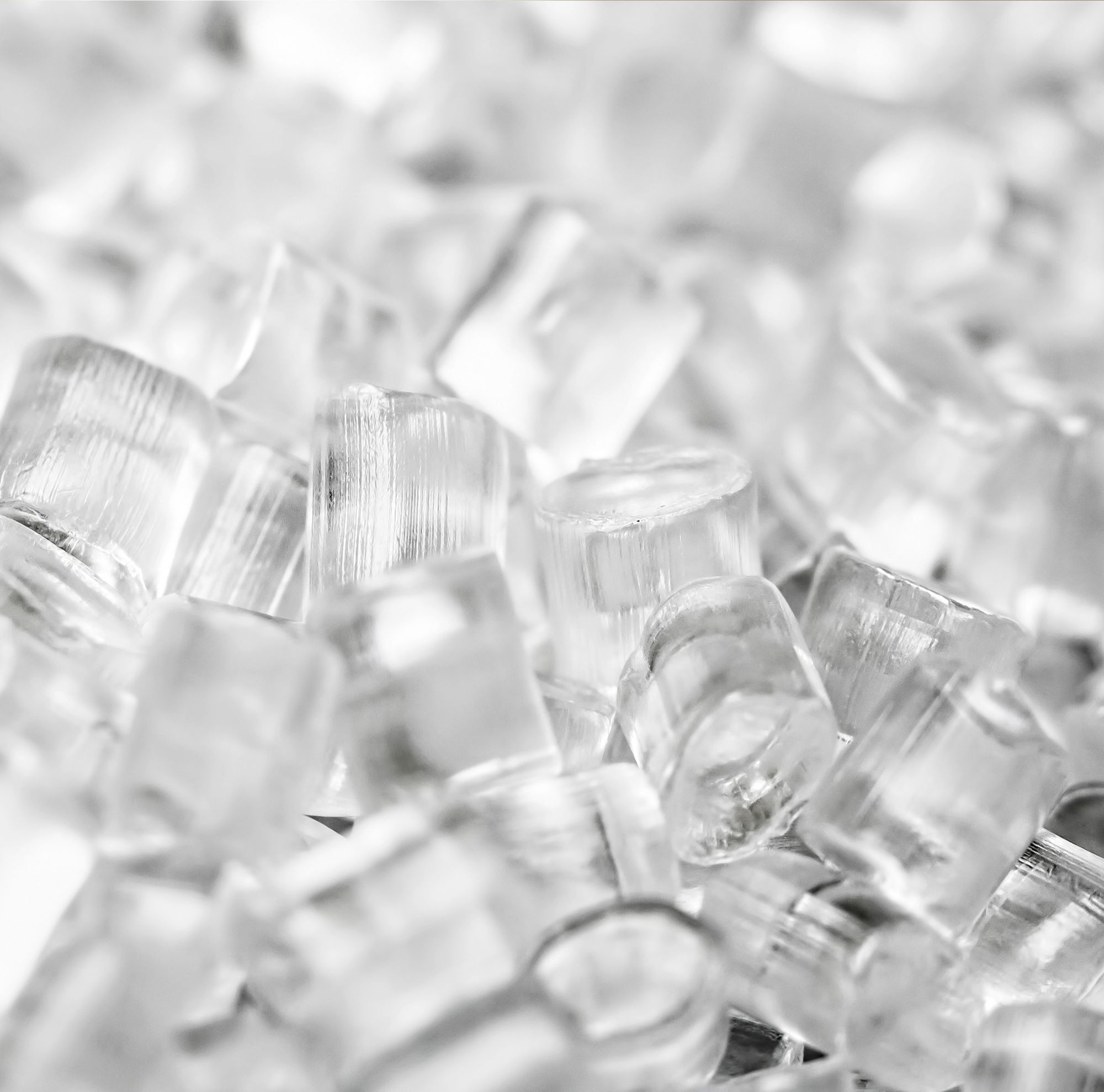 Closeup of clear pellets. 