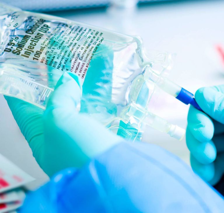 Clear plastic bag connector fluid administration. 