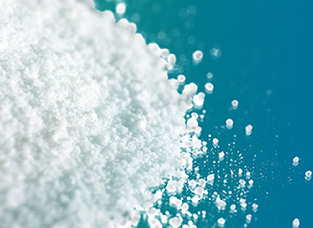 A closeup photo shows white cellulose ester powder in a small pile. 