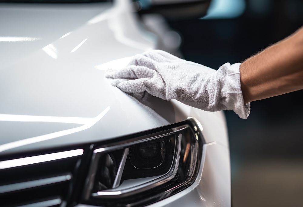 A gloved person polishes the hood of a car.  