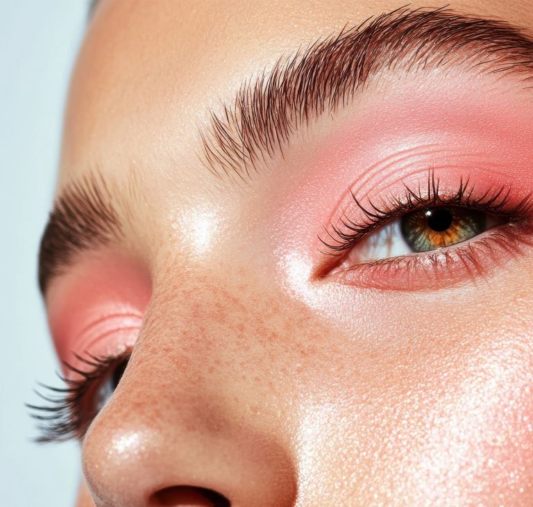 A person with bright pink eye shadow.   
