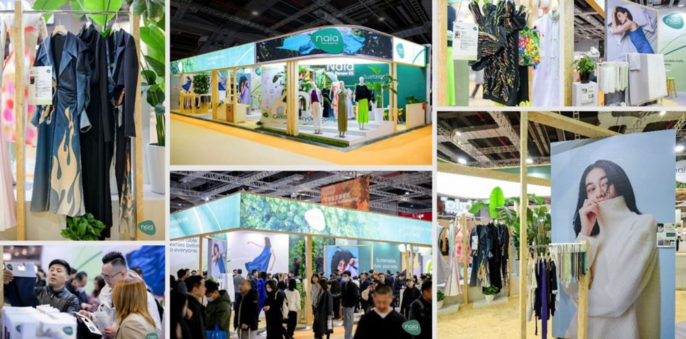 A collage of photos from the exhibition, including the booth, visitors, and garments made with Naia 