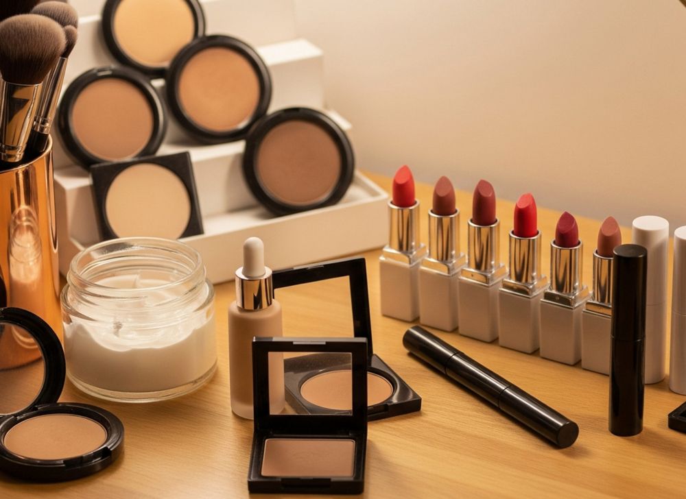 A display of various makeup products in various shades, including pressed powder, lipstick and mascara.  