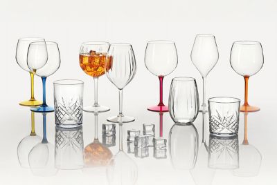 Clear wine glasses with different colored stems and wine cups made of Tritan Renew copolyester.  